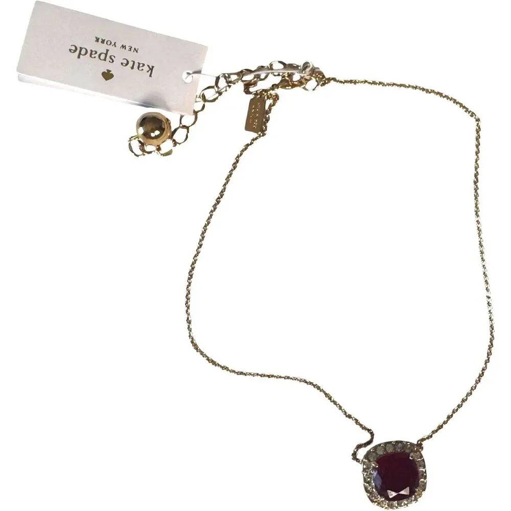 Kate Spade New York Basket Pave Pendant Necklace Gold Tone Red Stone NEW Retired